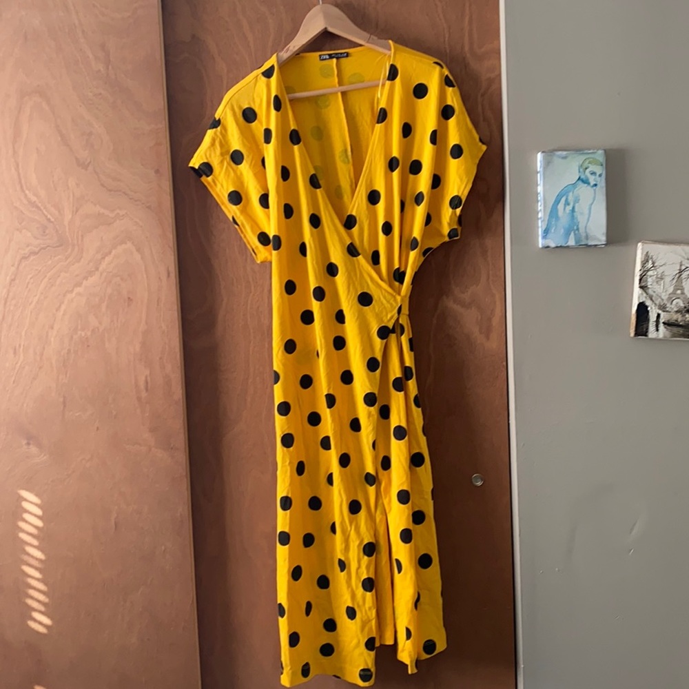 Zara Yellow and Black Polka Dot wrap dress Women's L